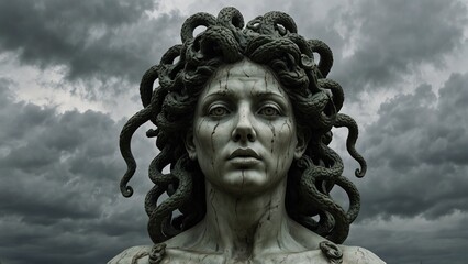 Statue of Medusa, with writhing snake hair, set against a sorrowful sky and her eyes like raging sea waves, with warning and fear symbols carved on the base.