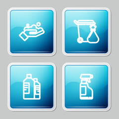 Set line Washing hands with soap, Trash can garbage bag, Bottles for cleaning agent and Spray bottle detergent liquid icon. Vector