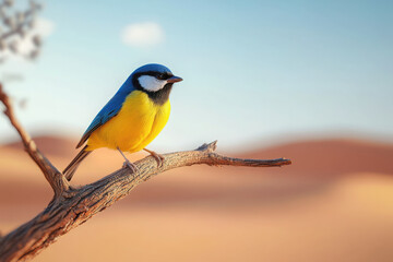Fototapeta premium A vibrant blue and yellow bird perched on a branch against a desert backdrop.