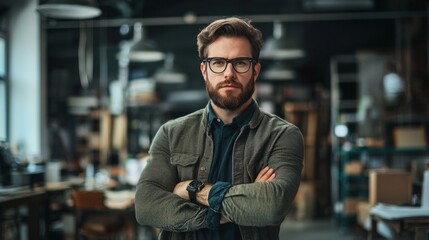Obraz premium Confident man with glasses in a modern workspace