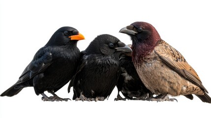 A Close-Up View of Four Unique Birds in a Group on a White Background, Showcasing Different Colors and Features in Nature Photography