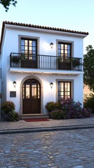 Obraz premium A lovely house features an arched window, potted flowers, and red roses, illuminated by soft moonlight in a tranquil courtyard