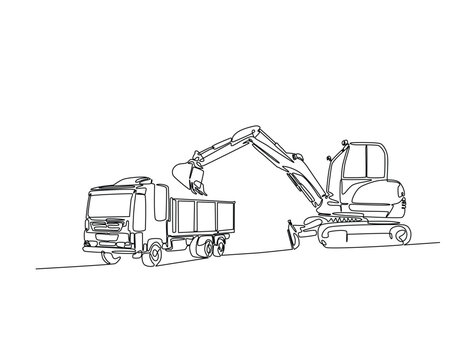 continuous line construction vehicles loading truck clip art preview