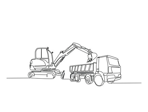 excavator loading truck continuous line drawing clip art preview