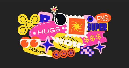 Futuristic y2k patches, labels, tags, stickers, bracelet stamps in retro style. Cartoon stickers in funky hipster groovy grunge 90s style. Vector set, trendy promo labels
