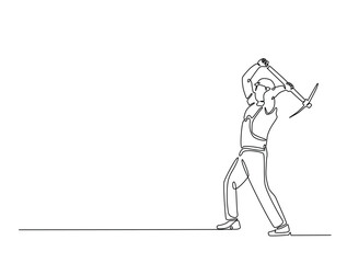 Fototapeta premium Continuous line art of miner holding pickaxe for digging. Outline drawing of man working with pickaxe. editable stroke design