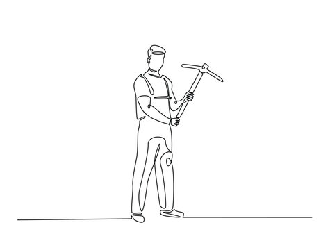 single line drawing of miner holding pickaxe clip art preview
