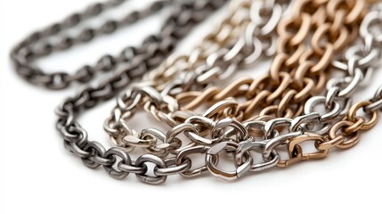 Fototapeta premium Close-Up View of Interlocking Metallic Chains with Various Finishes in Silver, Gold, and Bronze Tones Ideal for Jewelry or Craft Background Concepts
