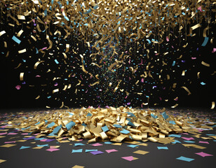 Fototapeta premium Colorful Confetti Scatter On A Black Background, Perfect For Celebrations, Party Decorations, New Year’s Eve, And Festive Event Themes