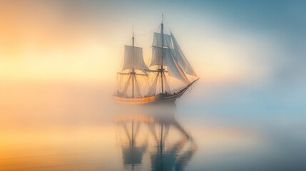 Fototapeta premium Sailing ship, misty dawn, serene water reflection.