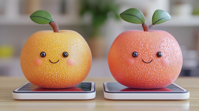 3D Investment Portfolio with Fruity Partners concept as Two savvy fruits manage investment portfolios on digital devices with a sleek abstract and bokeh background showcasing their expertise and partn