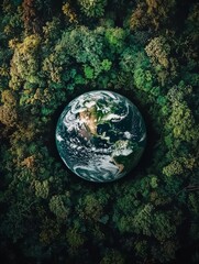 Fototapeta premium Aerial view of Earth surrounded by lush green forests, symbolizing nature and environmental preservation.