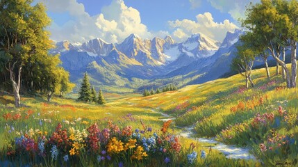 Fototapeta premium Lush Meadow Landscape with Colorful Flowers and Majestic Mountains