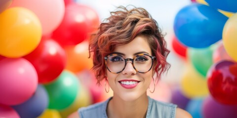 Obraz premium Portrait of beautiful woman with inflatable rainbow balloons. Generative AI.