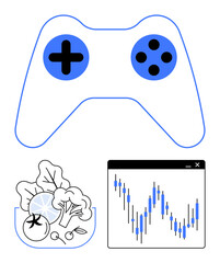 Game controller, financial chart with candlesticks, and bowl of vegetables including lettuce and tomato. Ideal for gaming, finance, healthy living, technology, nutrition lifestyle and hobbies. Line