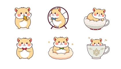 Obraz premium charming collection features cute illustrated hamsters engaged in various activities, perfect for adding a playful touch to any design project.