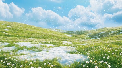 Fototapeta premium Lush Green Meadow Under Bright Blue Sky with Fluffy White Clouds