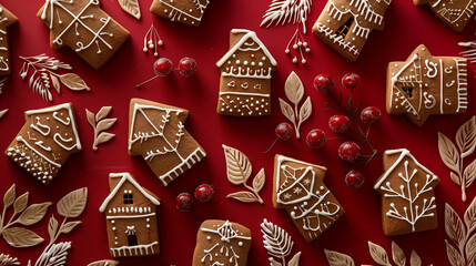 Gingerbread Houses with Holiday Decorations on Red Background