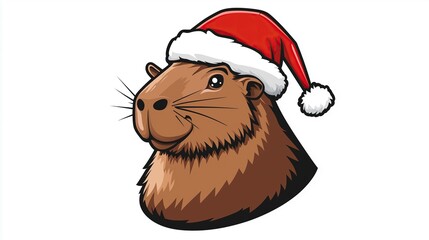 Cute capybara in a Christmas hat 2D Logo on a white background