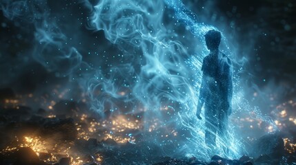 Obraz premium Man engulfed in ethereal blue flames amidst fiery destruction.