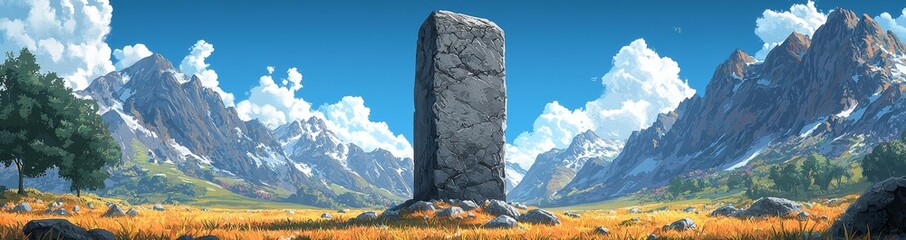 Obraz premium A beautiful sunny panorama featuring the sky, a green grass field, and rocks in an alpine valley, with a geology boulder pile creating a fairytale landscape in a peaceful outdoor setting.