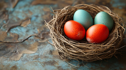 Fototapeta premium Red and Blue Easter Eggs in a Nest on a Dark Background with Space for Text