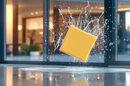  Una esponja amarilla flotando con salpicaduras de agua frente a una ventana.
