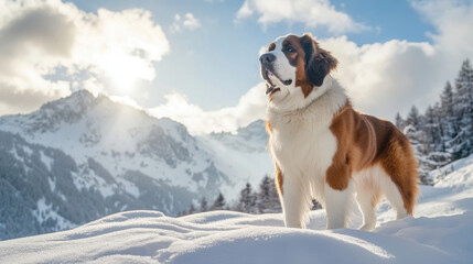 A St. Bernard dog stands majestically in a snowy landscape with mountains in the background.