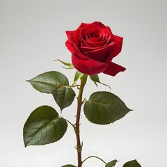 Naklejka premium Red Rose in Full Bloom with Green Stem Isolated on White Background