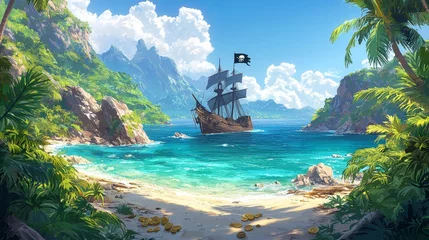 A cartoon drawing of a beach scene featuring an ancient sunken pirate ship with cannons, a black flag, and skull-adorned sails.
