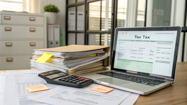 A workspace featuring a laptop displaying tax information, surrounded by stacks of paperwork and a calculator, ideal for financial organization.