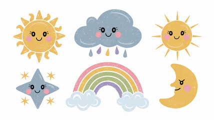 Fototapeta premium Cute Cartoon Sun, Moon, Rain, and Star