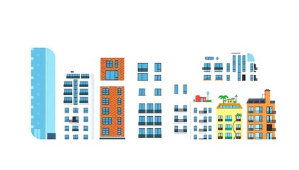 Obraz premium set of buildings apartemen . vibrant collection features a variety of illustrated buildings, showcasing modern architectural styles perfect for urban-themed projects.