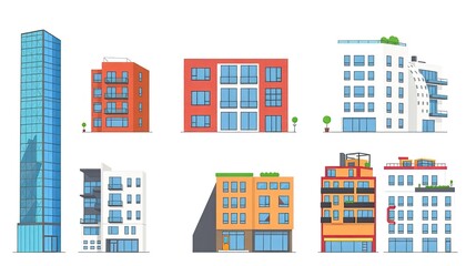set of buildings apartemen . vibrant collection features a variety of illustrated buildings, showcasing modern architectural styles perfect for urban-themed projects.