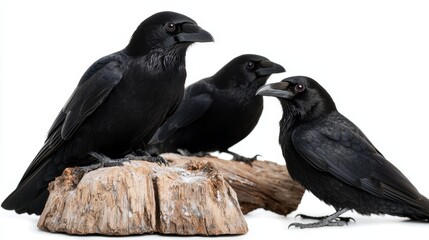 Three Elegant Black Ravens Perched on a Rustic Log, Showcasing Their Glossy Feathers and Piercing Eyes Against a Pure White Background