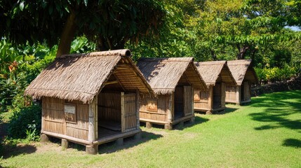 Traditional Bamboo Huts in Lush Green Landscape under Bright Sun