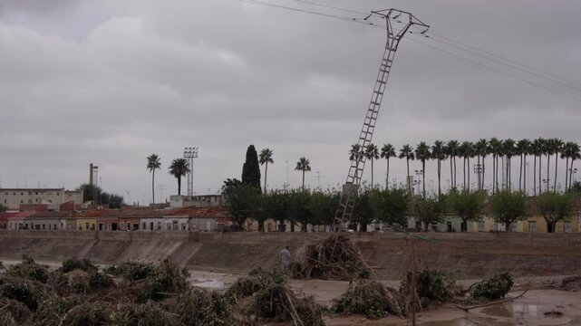 Destroyed landscape with trees and mud in the DANA of Valencia