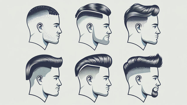 Six Stylish Mens Haircuts Line Art Illustration