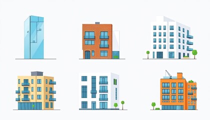 Fototapeta premium set of buildings apartemen . vibrant collection features a variety of illustrated buildings, showcasing modern architectural styles perfect for urban-themed projects.
