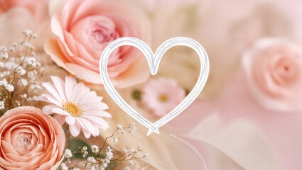 Delicate white heart outline on a bouquet of pink and peach flowers
