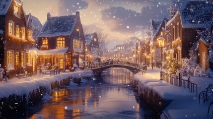 Obraz premium Cozy Winter Evening in a Snowy Historic Village with Bright Lights