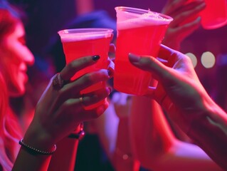 A group of people celebrating together, holding up cups and toasting with friends. The atmosphere suggests a lively night out at a bar or club.