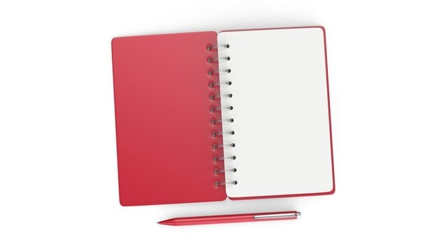 Empty red spiral notebook and pen on white background