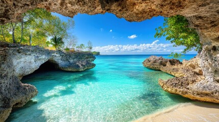 Obraz premium Serene beach view with turquoise water and rocky formations under a blue sky.