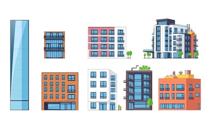 set of buildings apartemen . vibrant collection features a variety of illustrated buildings, showcasing modern architectural styles perfect for urban-themed projects.