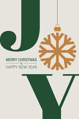 Elegant "JOY" Christmas Card Design with Green and Gold Snowflake - Merry Christmas and Happy New Year 