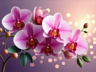 Fototapeta premium Beautiful pink orchids blooming against a soft bokeh background at sunset