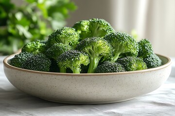 A ceramic bowl filled with fresh green broccoli florets