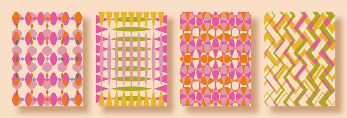 Modern Abstract Artsy Geometric Patterns. Maximalist Colorful Risograph Print, Surface Pattern Concept with Vibrant Hues, Hispanic and Nordic Culture Inspired.