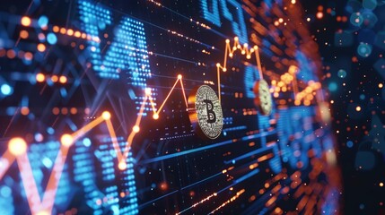 Obraz premium Background with financial charts showing analysis of bitcoin, cryptocurrencies, trading, stock market graphs and digital finance technology concept.